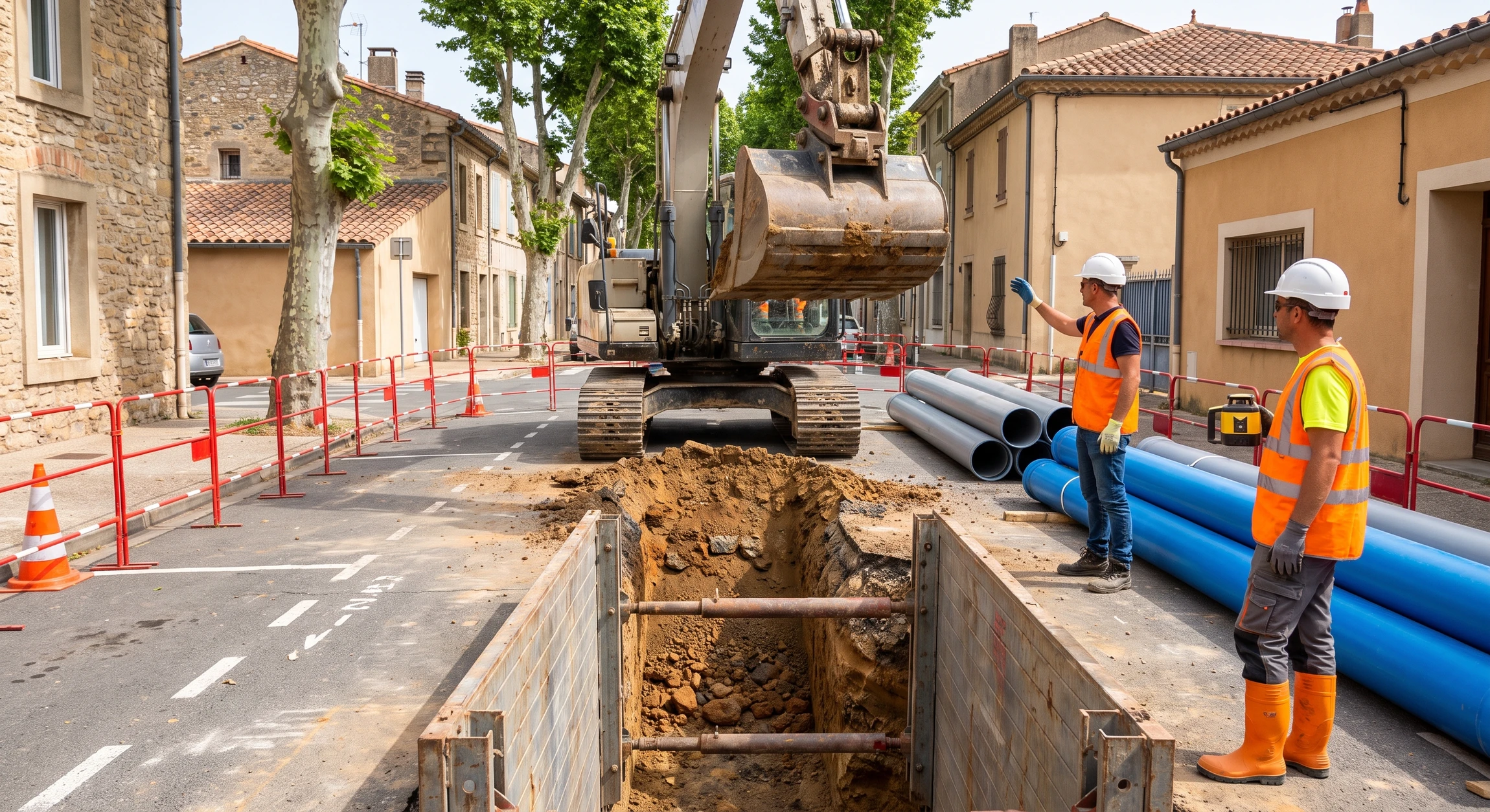Pelle hydraulique sur chenilles creusant une tranchée profonde pour la pose de canalisations dans un chantier de voirie urbaine. La tranchée révèle les couches de sol. Ouvriers en gilets de sécurité et casques supervisant. Équipements de chantier en arrière-plan, route adjacente partiellement dégagée.