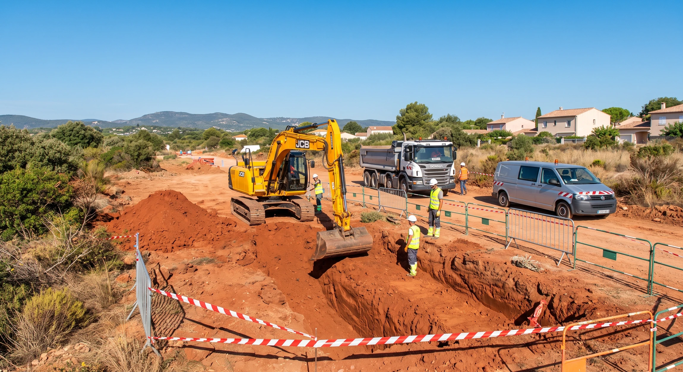 Chantier de terrassement en extérieur avec pelle hydraulique sur chenilles JCB jaune en action, creusant une tranchée profonde dans un sol argileux rouge sous un ciel bleu clair. Camion-benne Scania jaune en arrière-plan. Fourgon utilitaire gris aux couleurs Torres Travaux Publics. Végétation méditerranéenne, travaux VRD d'envergure visible.