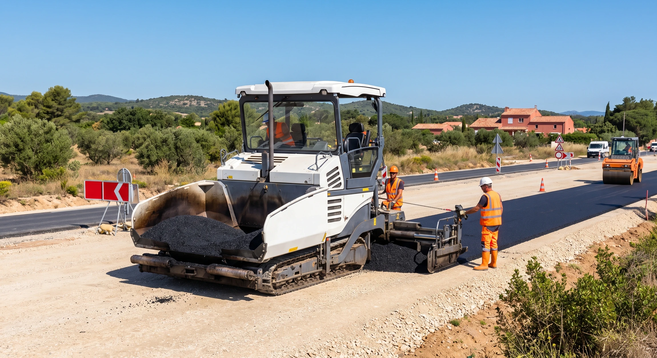 Finisseuse routière compacte étalant l'enrobé bitumineux noir sur une chaussée en cours de construction, vue de trois-quarts depuis le côté, l'engin avançant sur une base de grave bien préparée, ciel bleu dégagé, chantier de voirie en milieu rural ou urbain périphérique.