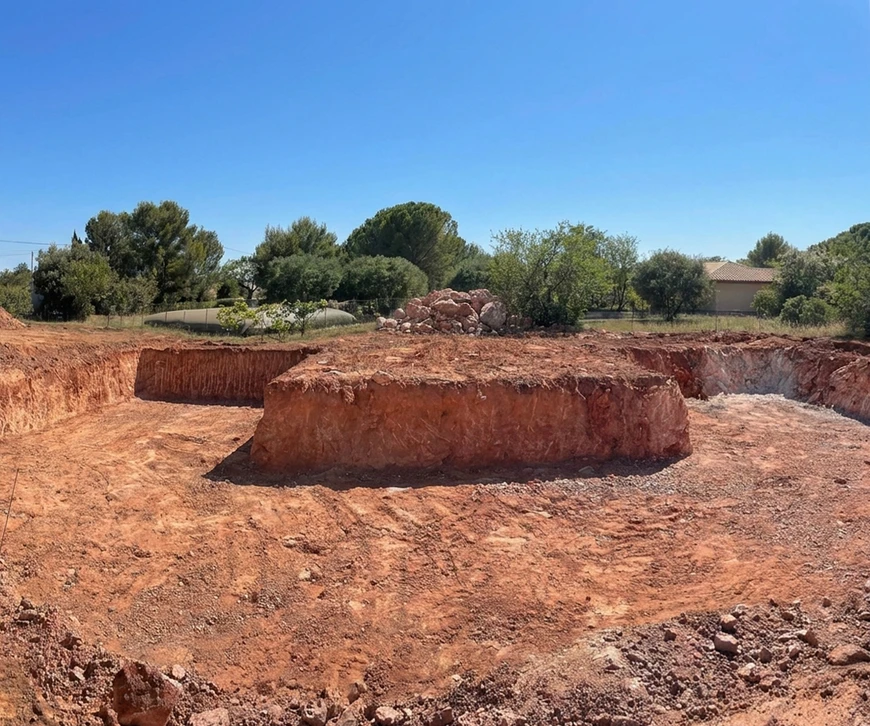 Chantier de terrassement extérieur, sol argileux rouge caractéristique (terra rossa)